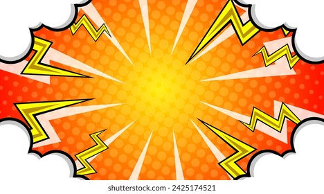 Halftone dots lightning explosion pop art comic background. Vector Illustration