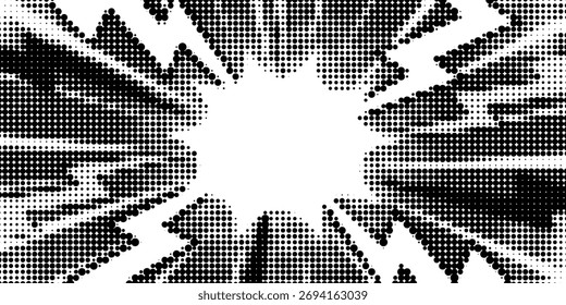 Halftone dots lightning explosion pop art comic background. Vector Illustration	