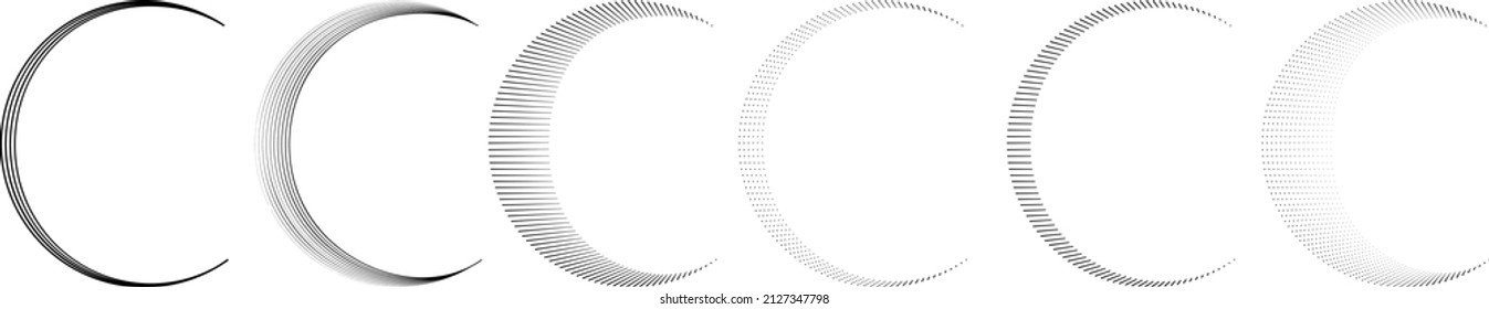 Puntos de semitono y líneas en forma de semicírculo .  Ilustración de vectores. Ronda de tecnología. Logo de la luna . Elemento de diseño. Resumen Forma geométrica . letra c.