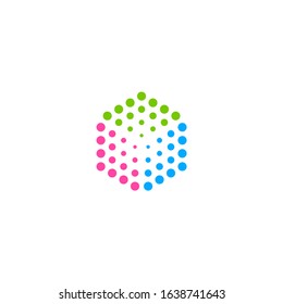 Halftone dots logo in 3 colors hexagon shape.