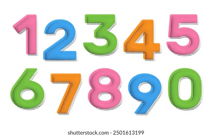 Halftone dots number set. Dotted font vector.