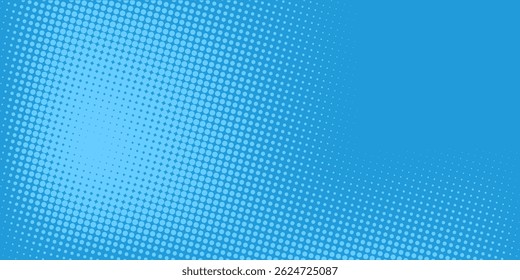 Puntos de semitono sobre fondo azul. Diseño en blanco de estilo de arte pop cómico. Diseño de Plantilla para cómic, presentación, venta o Anuncio de Web. Ilustración vectorial