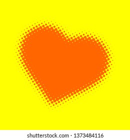 Halftone dots orange heart on yellow background in pop art style. Vector illustration.