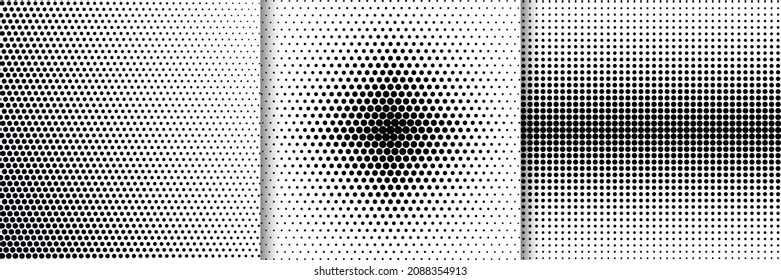 Halftone Dots Pattern. Comic Pop Art Gradient. Half Tone Radial Fade Background. Set Of Monochrome Banners. Black White Duotone Print. Anime Retro Backdrop. Cartoon Texture. Vector Illustration