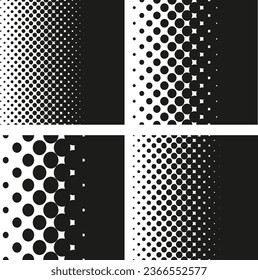 Halftone dots pattern gradient set in vector format. 45 degree angled halftone dots.