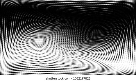 Halftone dots pattern texture background. Black pixels. Modern warp dotted vector illustration. Abstract wavy lines. Points backdrop. Grungy spotted pattern. Wide image
