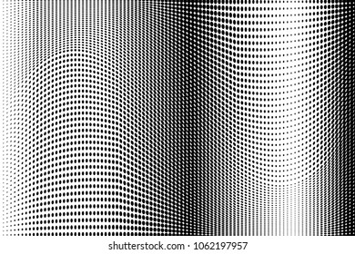 Halftone dots pattern texture background. Black pixels. Modern warp dotted vector illustration. Abstract wavy lines. Points backdrop. Grungy spotted pattern. Wide image