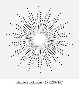Halftone dots in radial form. Vector dotted frame. Radial halftone dotted background. Fireworks Explosion background. Vector Illustration. Halftone design element for various purposes.