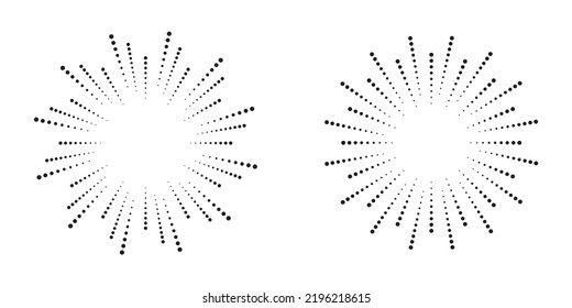 Halftone dots in radial form. Vector dotted frame set. Radial halftone dotted background. Fireworks Explosion background. Vector Illustration. Halftone design element for various purposes.