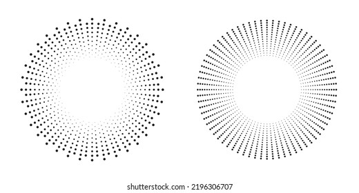 Halftone dots in radial form. Vector dotted frame. Radial halftone dotted background. Fireworks Explosion background. Vector Illustration. Halftone design element for various purposes.