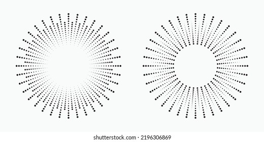 Halftone dots in radial form. Vector dotted frame set. Radial halftone dotted background. Fireworks Explosion background. Vector Illustration. Halftone design element for various purposes.