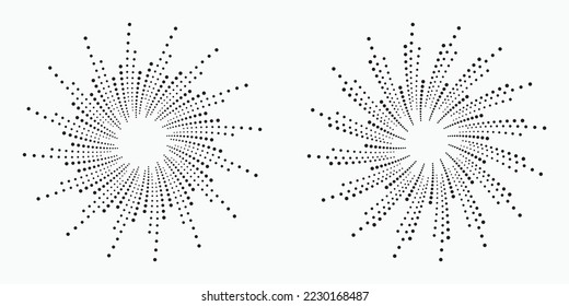 Halftone dots in radial form. Vector dotted frame set. Radial halftone dotted background. Fireworks Explosion background. Vector Illustration. Halftone design element for various purposes.
