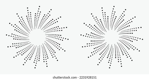 Halftone dots in radial form. Vector dotted frame set. Radial halftone dotted background. Fireworks Explosion background. Vector Illustration. Halftone design element for various purposes.