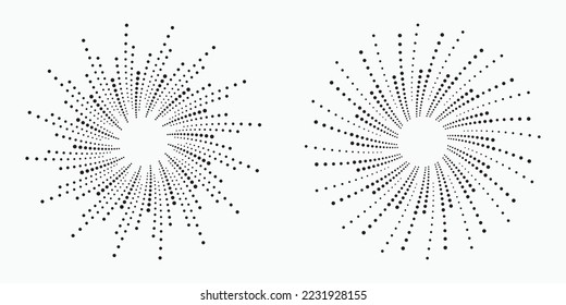 Halftone dots in radial form. Vector dotted frame set. Radial halftone dotted background. Fireworks Explosion background. Vector Illustration. Halftone design element for various purposes.