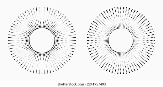 Halftone dots in radial form. Vector dotted frame. Radial halftone dotted background. Fireworks Explosion background. Vector Illustration. Halftone design element for various purposes.