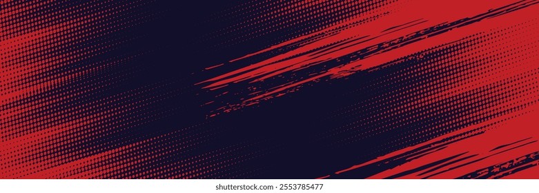 Halftone dots red and blue color pattern gradient grunge texture background. Dot pop art comic sport style vector illustration.