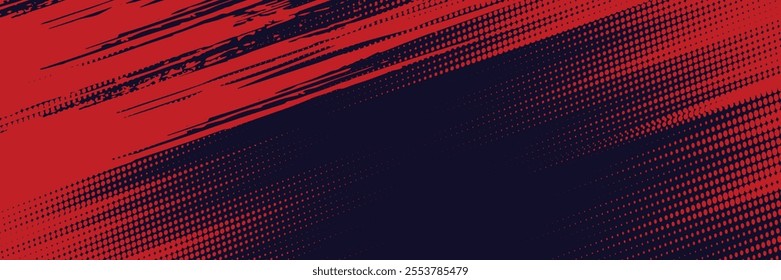 Halftone dots red and blue color pattern gradient grunge texture background. Dot pop art comic sport style vector illustration.