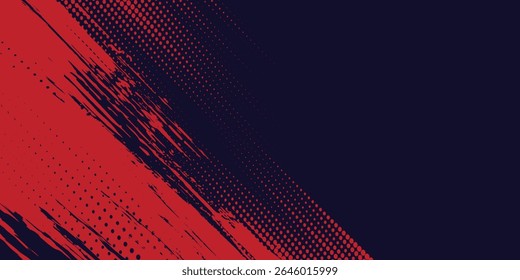 Fondo de textura grunge de gradiente de patrón de color rojo y azul con puntos de semitono. Dot pop art cómic estilo deportivo Ilustración vectorial. grunge