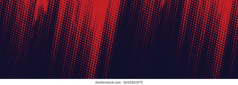 Fondo de textura grunge de gradiente de patrón de color rojo y azul con puntos de semitono. Ilustración vectorial de estilo deportivo de cómic de arte pop de puntos. puntos de Vector grunge. eps 10
