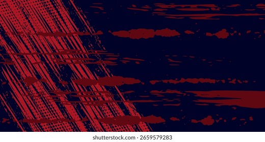 Fondo de textura grunge de gradiente de patrón de color rojo y azul con puntos de semitono. Ilustración vectorial de estilo deportivo de cómic de arte pop de punto.