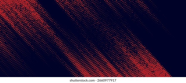 Fondo de textura grunge de gradiente de patrón de color rojo y azul con puntos de semitono. Ilustración vectorial de estilo deportivo de cómic de arte pop de punto.