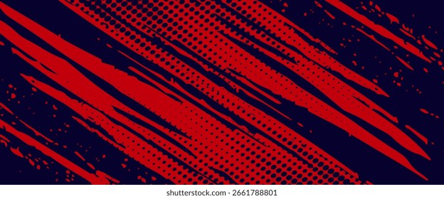 Fondo de textura grunge de gradiente de patrón de color rojo y azul con puntos de semitono. Ilustración vectorial de estilo deportivo de cómic de arte pop de puntos. puntos de Vector grunge
