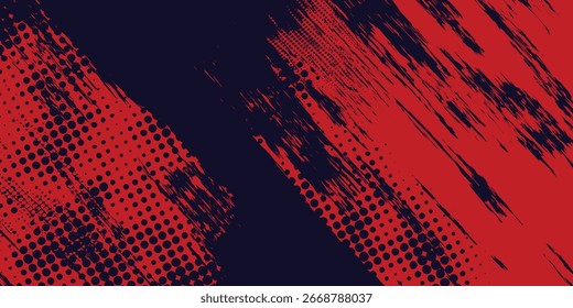 Fondo de textura grunge de gradiente de patrón de color rojo y azul con puntos de semitono. Plantilla de fondo de artes de estilo deportivo de cómic de arte pop de punto