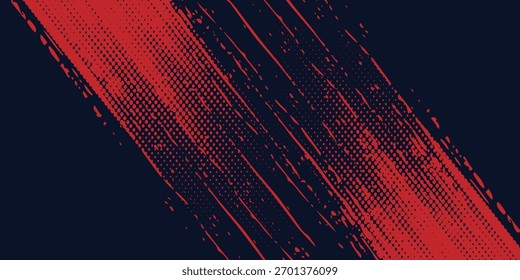 Fondo de textura grunge de gradiente de patrón de color rojo y azul con puntos de semitono. Ilustración vectorial de estilo deportivo de cómic de arte pop de punto. 