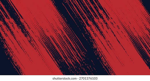 Fondo de textura grunge de gradiente de patrón de color rojo y azul con puntos de semitono. Ilustración vectorial de estilo deportivo de cómic de arte pop de punto. 