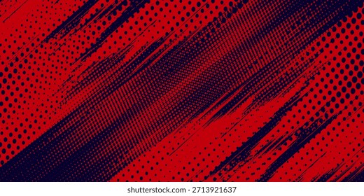 Fondo de textura grunge de gradiente de patrón de color rojo y azul con puntos de semitono. Ilustración vectorial de estilo deportivo de cómic de arte pop de puntos. puntos de Vector grunge

