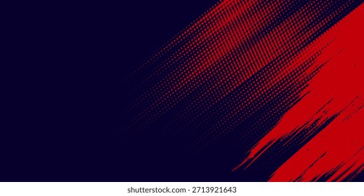 Fondo de textura grunge de gradiente de patrón de color rojo y azul con puntos de semitono. Ilustración vectorial de estilo deportivo de cómic de arte pop de puntos. puntos de Vector grunge

