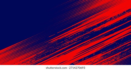 Fondo de textura grunge de gradiente de patrón de color rojo y azul con puntos de semitono. Vector deportivo