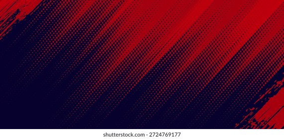 Fondo de textura grunge de gradiente de patrón de color rojo y azul con puntos de semitono. Ilustración vectorial de estilo deportivo de cómic de arte pop de puntos. puntos de Vector grunge	
