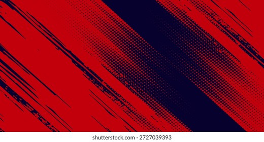 Fondo de textura grunge de gradiente de patrón de color rojo y azul con puntos de semitono. Ilustración vectorial de estilo deportivo de cómic de arte pop de puntos. puntos de Vector grunge	
