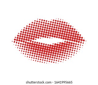 Halftone Dots Red Woman Lips Abstract Design. Female Mouth Lips Pop Art Vector Graphics, Fashion And Beauty Trendy Simple Design. 