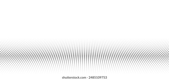 Halftone dots room floor, black specks on a white horizontal background. Modern pop art style abstract textures have studio depth. Vector illustration