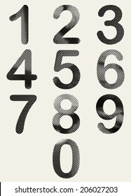 Halftone dots rounded numbers, pixels print texture numbers, vector set.