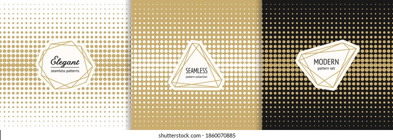 Halftone dots seamless patterns. Vector set of abstract geometric textures with modern minimal labels, frames. Stylish modern golden backgrounds with gradient transition effect. Luxury graphic design