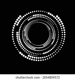 Halftone dots in Semi Circle Form .  Vector Illustration .Technology round. Circle logo . Design element . Abstract Geometric shape . White dots on the black background .
