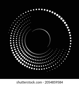 Halftone dots in Semi Circle Form .  Vector Illustration .Technology round. Circle logo . Design element . Abstract Geometric shape . White dots on the black background .