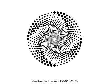 Halftone dots in spiral form, round logo. vector dotted frame. Twirl design concentric circles geometric element, abstract representation of technological 
camera shutter concept, isolated on white