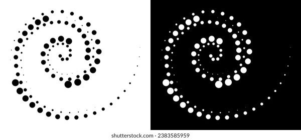 Halftone dots in spiral. Modern abstract background. Design element or icon, logo. Black shape on a white background and the same white shape on the black side.