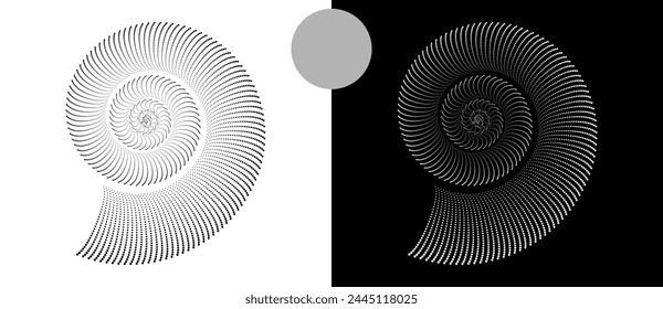 Halftone dots in spiral. Modern abstract background. Design element or icon, logo. Black shape on a white background and the same white shape on the black side.