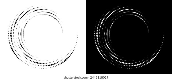 Halftone dots in spiral. Modern abstract background. Design element or icon, logo. Black shape on a white background and the same white shape on the black side.
