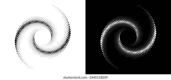 Halftone dots in spiral. Modern abstract background. Design element or icon, logo. Black shape on a white background and the same white shape on the black side.