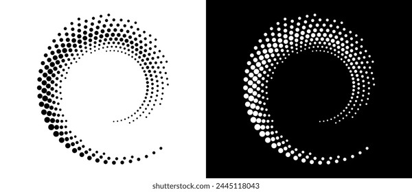 Halftone dots in spiral. Modern abstract background. Design element or icon, logo. Black shape on a white background and the same white shape on the black side.