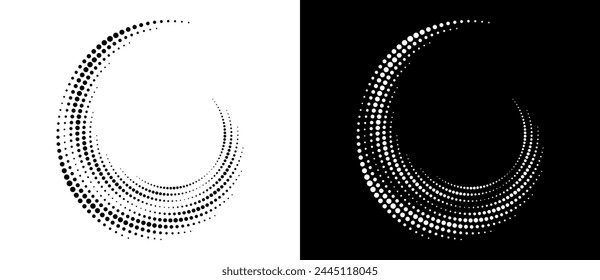 Halbtonpunkte in Spirale. Moderner abstrakter Hintergrund. Designelement oder Symbol, Logo. Schwarze Form auf weißem Hintergrund und die gleiche weiße Form auf schwarzer Seite.
