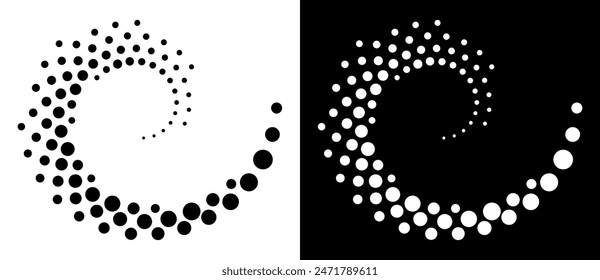 Halbtonpunkte in Spirale. Moderner abstrakter Hintergrund. Designelement oder Symbol, Logo. Schwarze Form auf weißem Hintergrund und die gleiche weiße Form auf schwarzer Seite.