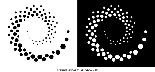 Halftone dots in spiral. Modern abstract background. Design element or icon, logo. Black shape on a white background and the same white shape on the black side.