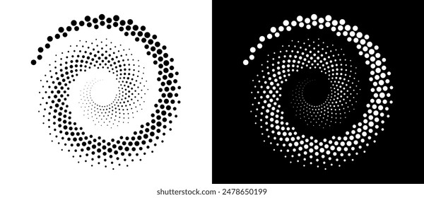 Puntos de semitonos en espiral. Fondo abstracto moderno. Elemento de diseño o icono, logotipo. Forma negra sobre fondo blanco y la misma forma blanca en el lado negro.